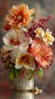 Beautiful floral arrangement in a decorative vase showcasing peonies and blossoms on a soft background photo