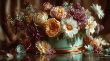 Colorful floral arrangement in an elegant vase showcases spring's beauty and charm in a softly lit indoor setting photo