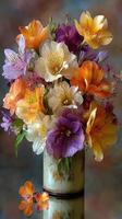 Vibrant bouquet of fresh flowers in a decorative vase, showcasing a variety of colors and shapes in a studio setting photo