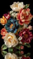 Vibrant bouquet of flowers showcasing peonies, blossoms, and blossoms with rich colors on a dark background photo