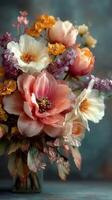 Floral arrangement featuring soft pink, white, and orange blooms with delicate details in a warm setting photo