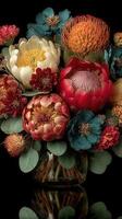 Floral arrangement featuring diverse blooms in a decorative vase on a black background photo
