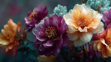 Vibrant floral arrangement featuring colorful blossoms in shades of orange, purple, and blue with soft background tones photo
