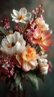 Beautiful floral arrangement featuring peonies, cherry blossoms, and vibrant colors in a serene setting photo