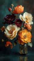 Vibrant bouquet of colorful flowers in a glass jar on a rustic wooden table photo