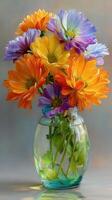 Bright bouquet of colorful flowers in a clear vase on a neutral background during daylight photo