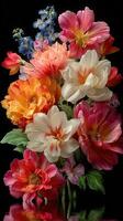 Bright floral bouquet showcases a vibrant arrangement of peonies and delphiniums against a dark background photo