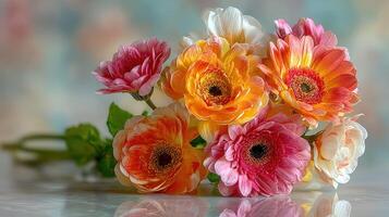 Vibrant bouquet of mixed flowers arranged beautifully on a reflective surface in soft light photo