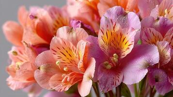 Vibrant bouquet of alstroemeria flowers in shades of pink and orange with dewdrops on petals photo