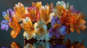 Vibrant arrangement of colorful alstroemeria flowers in a wooden vase illuminating a serene space photo