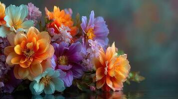 Colorful flower arrangement featuring vibrant blooms in various shades at a serene location during golden hour photo