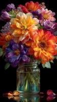 Vibrant floral arrangement in a glass jar showcasing colorful blooms against a dark background photo