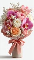 Beautiful flower bouquet with pink and white blossoms arranged elegantly for a special occasion photo