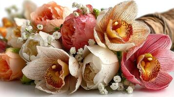 Beautiful bouquet of fresh orchids and roses with delicate blossoms arranged for a spring celebration in a sunny location photo
