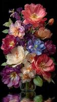 Colorful bouquet of artificial flowers in a glass vase reflecting light against a dark background photo