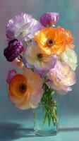 Vibrant bouquet of ranunculus flowers in a clear vase against a soft background photo