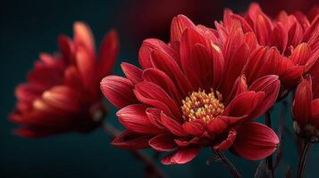 Red chrysanthemums vividly blooming against a dark background in a serene garden setting photo