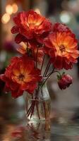 Vibrant flowers in a glass vase with raindrops, reflecting warm light in a cozy indoor setting photo