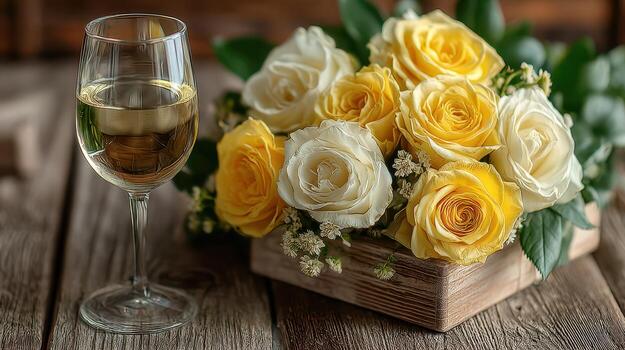 Elegant display of yellow and white roses beside a glass of white wine on a rustic wooden table in a cozy setting photo