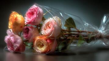 Colorful bouquet of fresh roses wrapped in clear plastic with soft lighting indoors photo