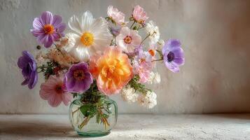 Colorful bouquet of flowers in a glass vase adorned with vibrant blooms photo
