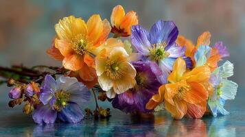 Colorful blossoms arranged beautifully on a smooth surface showcasing vibrant hues in natural light photo