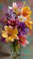 Vibrant bouquet of colorful flowers in a glass vase showcasing spring beauty in a serene setting photo