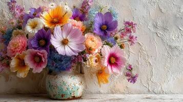 Colorful flower arrangement in a rustic vase against a textured wall background photo