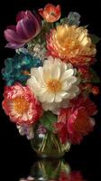 Brightly colored bouquet featuring peonies, tulips, and delicate flowers in a glass vase photo