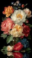 Beautiful floral arrangement featuring peonies and other blooms in a glass vase against a dark background photo