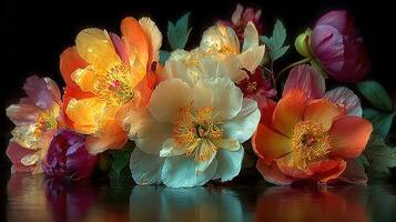 Brightly colored peonies and flowers arranged artfully on a dark reflective surface in a cozy indoor setting photo