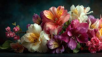 Vibrant collection of colorful flowers displayed against a dark background in a serene setting photo