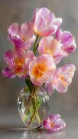 Beautiful bouquet of pink tulips in a clear vase on a neutral background showcasing spring elegance and freshness photo