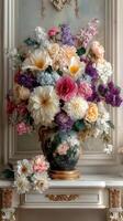 Vibrant floral arrangement with diverse blooms in an ornate vase against a vintage backdrop photo