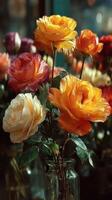 Colorful roses in a glass vase displayed in a flower shop during daylight hours photo