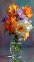 Colorful bouquet of flowers in a glass vase reflecting light on a table surface photo