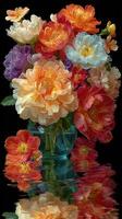 Bright peonies and flowers reflected in water with vibrant colors in a glass vase photo