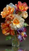 Vibrant bouquet of mixed blooms in a glass vase showcasing spring colors and intricate textures arranged indoors photo