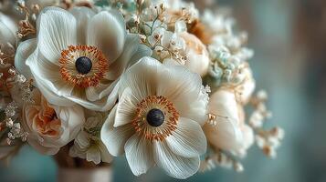 Beautiful bouquet of white anemones and roses arranged elegantly in a soft light photo