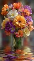 Vibrant floral arrangement displayed in a clear vase reflecting on water surface in a softly blurred background photo