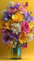Colorful bouquet of vibrant flowers in a glass vase set against a bright yellow background photo