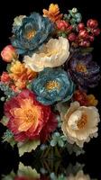 Colorful floral arrangement showcasing peonies and mixed flowers against a dark background in a vibrant yet serene display photo
