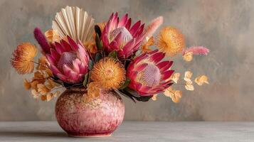 Vibrant floral arrangement with proteas and golden leaves in a decorative vase photo