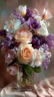 Bright floral arrangement featuring assorted blooms in a glass vase on a soft fabric surface photo