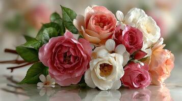 Beautifully arranged bouquet of roses and blossoms showcasing vibrant colors and delicate petals in bright setting photo