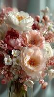 Beautiful flower arrangement featuring peonies and other blooms in soft pastel shades on a light background photo
