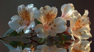 Beautiful white flowers with delicate orange markings and green leaves reflecting on a smooth surface in natural light photo