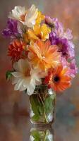 Vibrant bouquet of assorted flowers in a glass jar against a colorful background photo