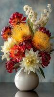 Vibrant bouquet of colorful flowers in elegant vase captured in soft light indoors photo