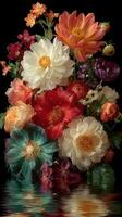Vibrant floral arrangement with reflections on dark water background showcasing various blooms and colors photo